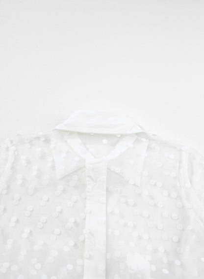 Polka Dot Print Collared Buttoned Mesh Duster Kimono | White