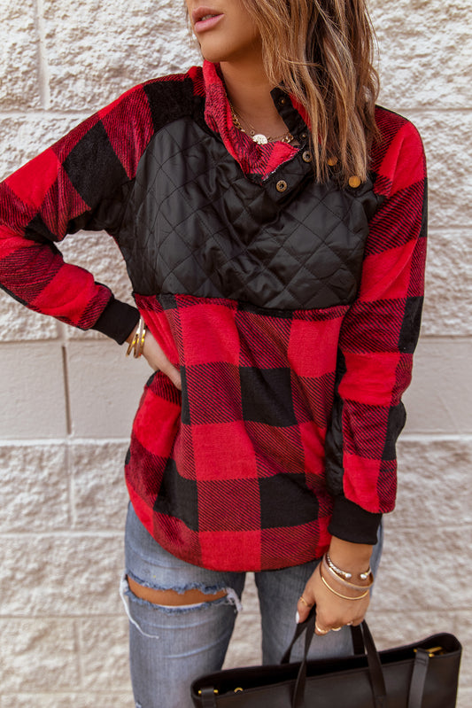 Fiery Red Long Sleeve Plaid Paneled Sweatshirt