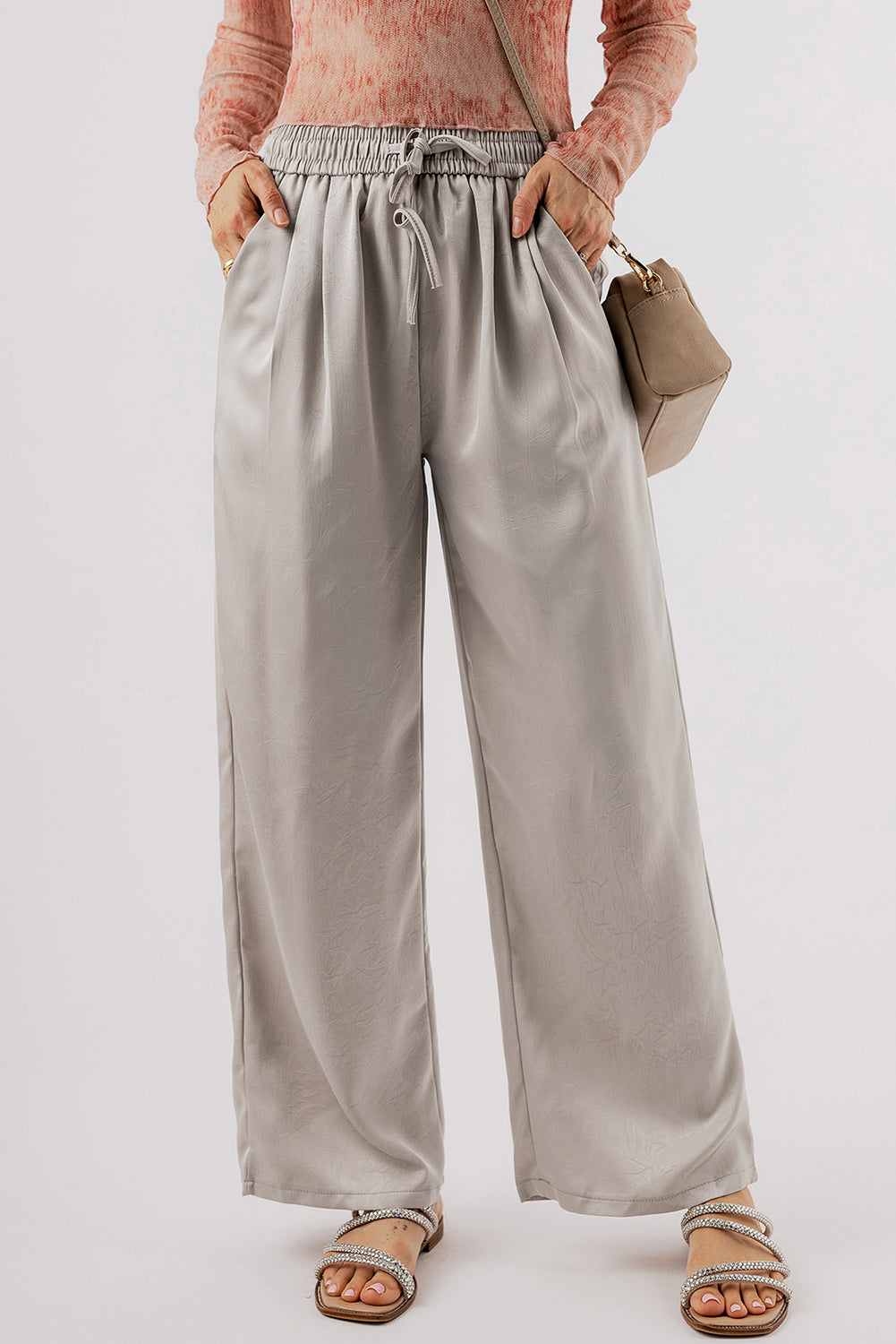 Solid Pleated Lace-Up High Waist Wide Leg Pants | Jet Stream