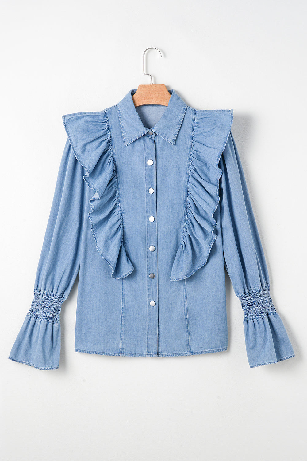 Ruffled Shirred Cuffs Button Up Chambray Shirt | Myosotis