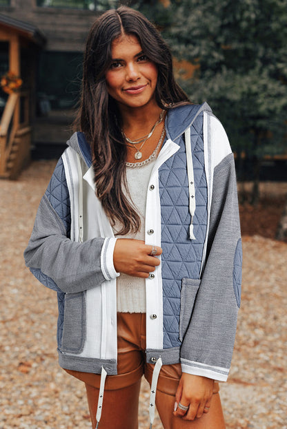 Quilted Textured Patchwork Loose Fit Hooded Jacket | Light Blue