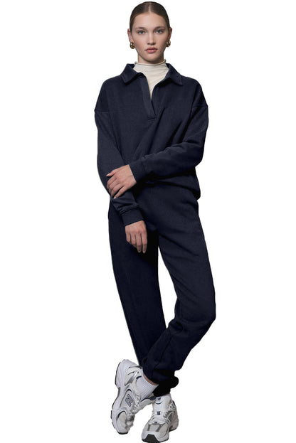 Fold Down Collar Pullover And Joggers Tracksuit | Navy Blue