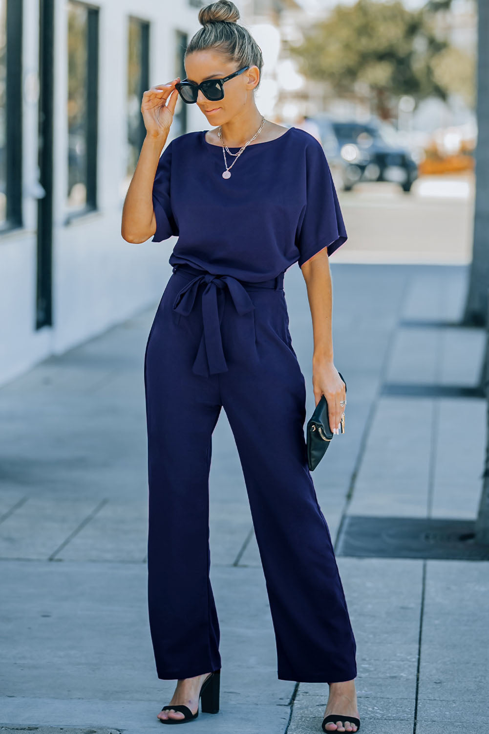 Belted Wide Leg Jumpsuit | Blue