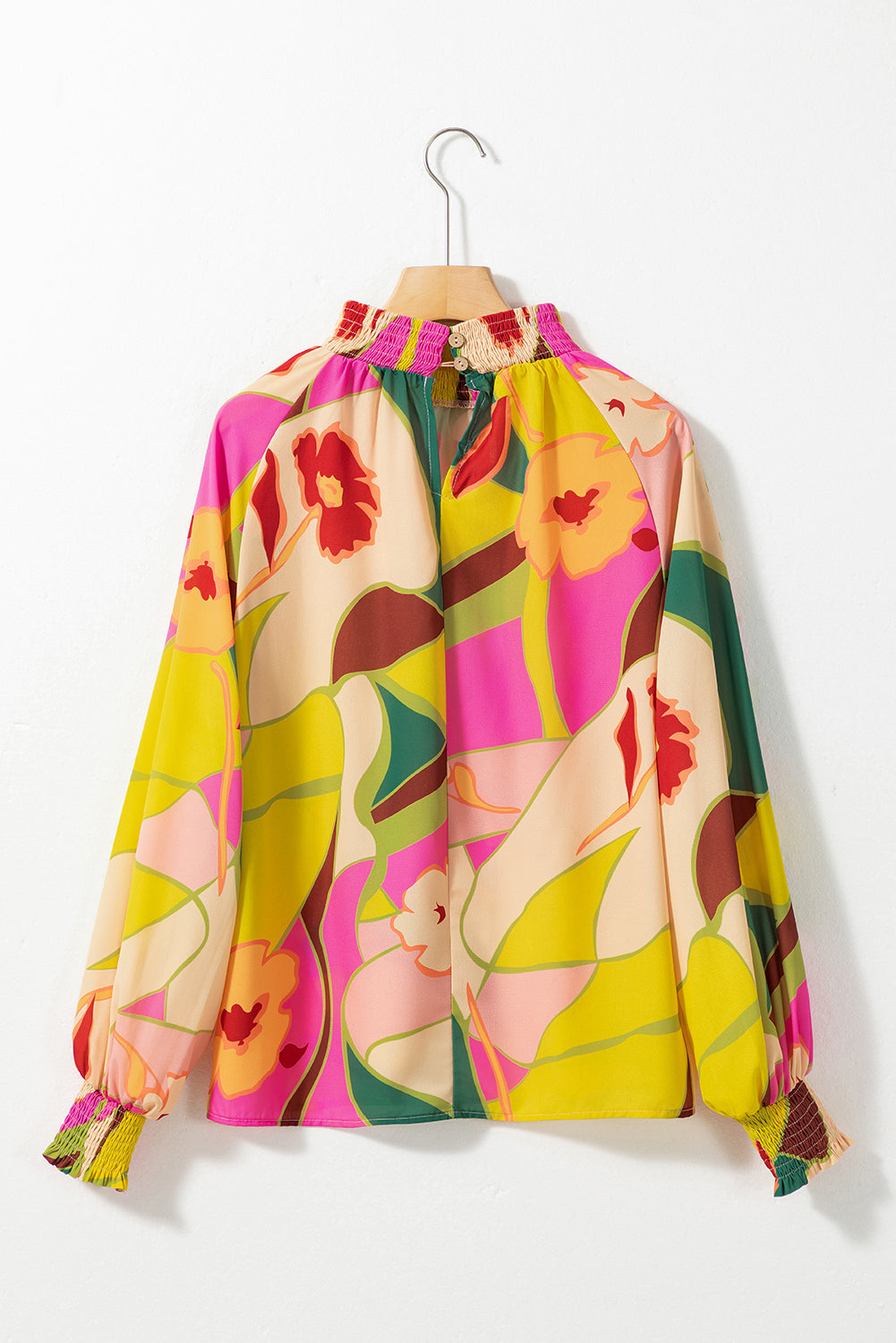 Floral Print Smocked Hem Stand Neck Blouse | Multicolour