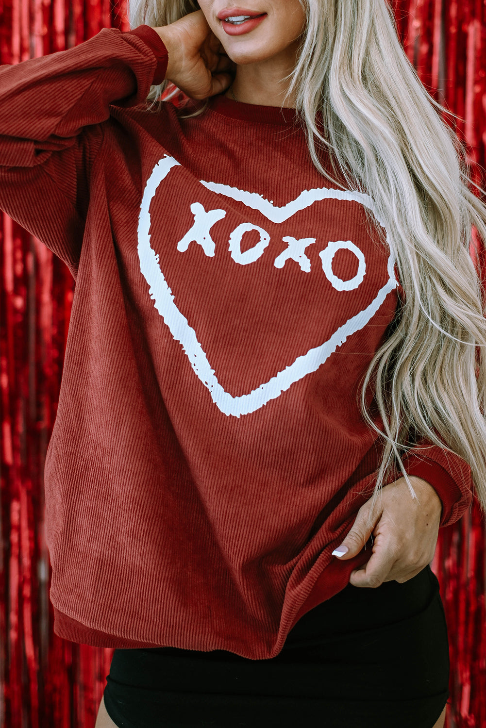 Xoxo Heart Shape Graphic Corded Sweatshirt | Racing Red