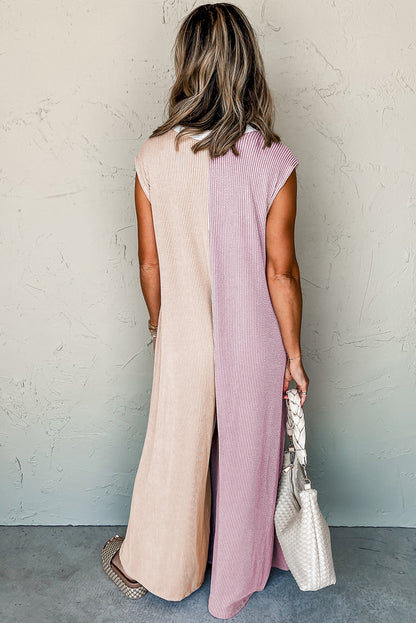 Colour Block Corded Knit Buttoned Super Wide Leg Jumpsuit | Parchment