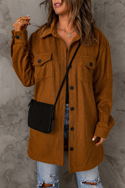 Long Sleeve Pockets Buttoned Shirt Jacket | Brown