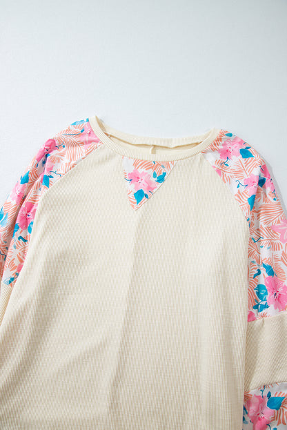 Plus Size Floral Patchwork Ribbed Puff Sleeve Top | Apricot