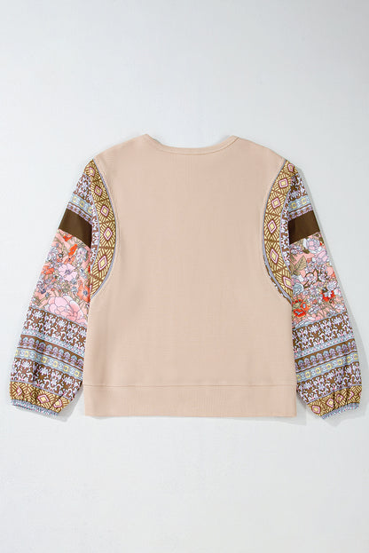 Contrast Floral Patchwork Puff Sleeve Waffle Knit Top | Parchment