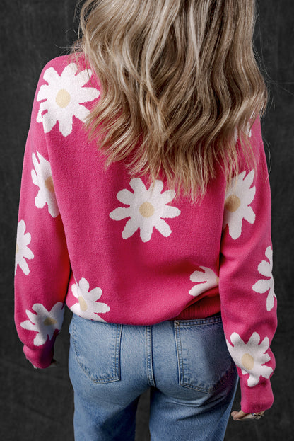 Daisy Flower Crew Neck Long Sleeve Sweater | Bright Pink