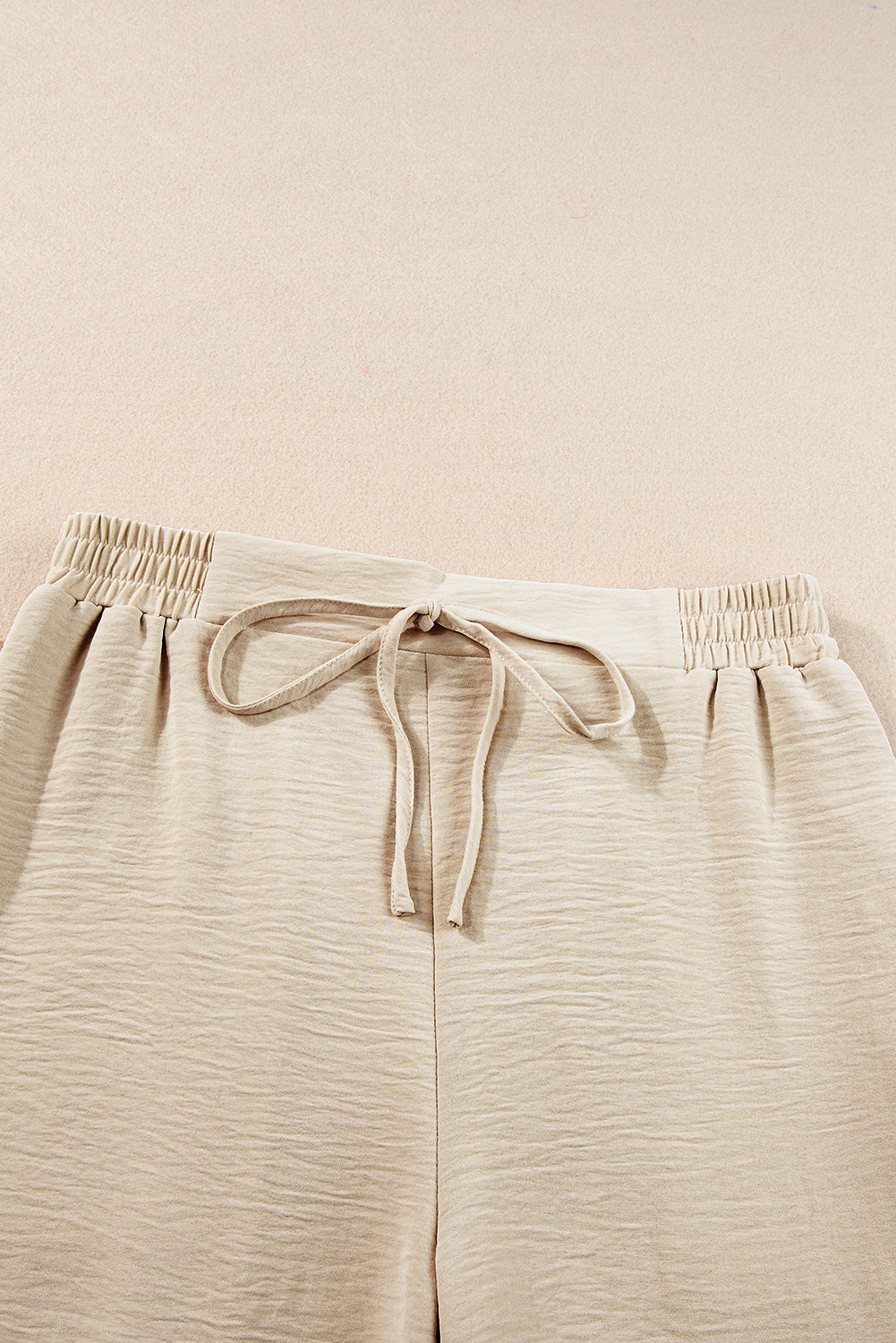 Crinkled Elastic Hem Crop Tee And Wide Leg Pants Set | Beige