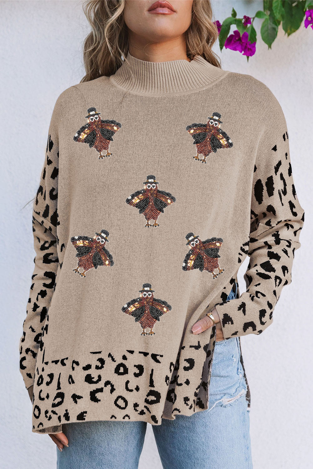 Sequin Turkey Leopard Mixed Pattern High Neck Sweater With Slits | Khaki