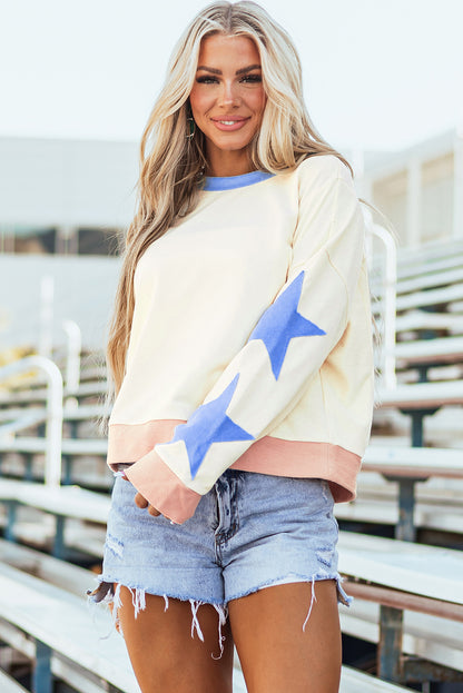 Star Patchwork Exposed Seam Oversized Sweatshirt | Beige