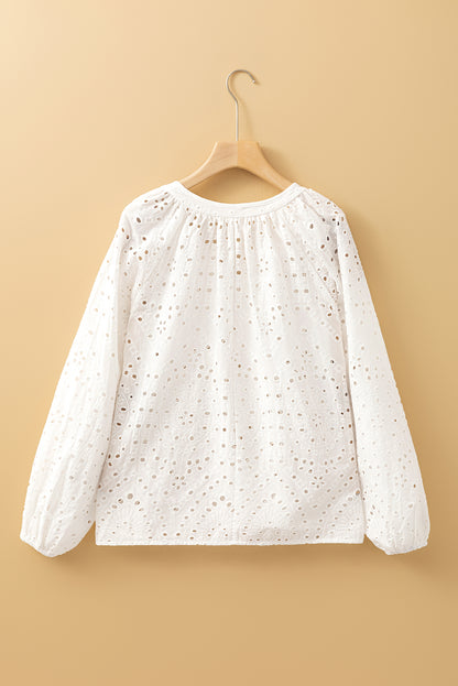 Eyelet Embroidered Puff Sleeve V Neck Blouse | White