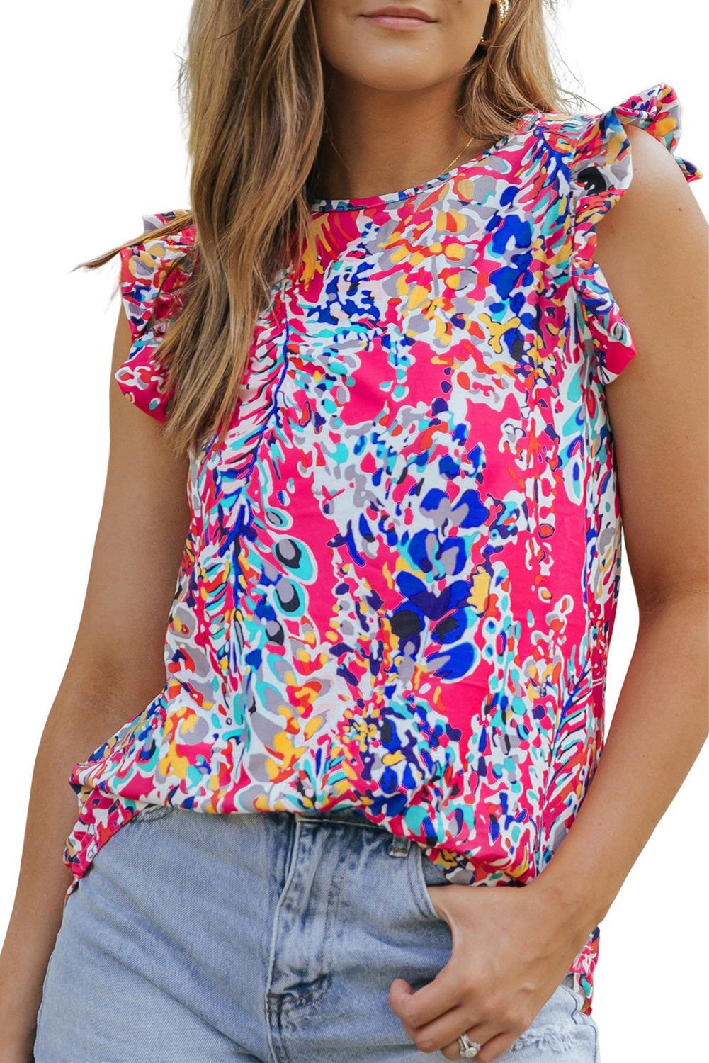 Floral Print Tank Top With Ruffles | Rose