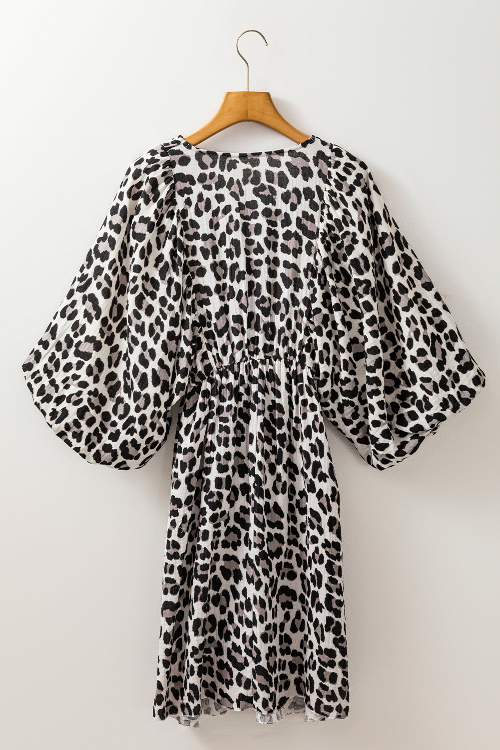 Leopard Print Elasticated V Neck 3/4 Puff Sleeve Dress | Black