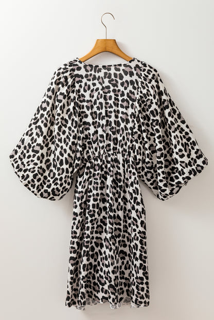 Leopard Print Elasticated V Neck 3/4 Puff Sleeve Dress | Black