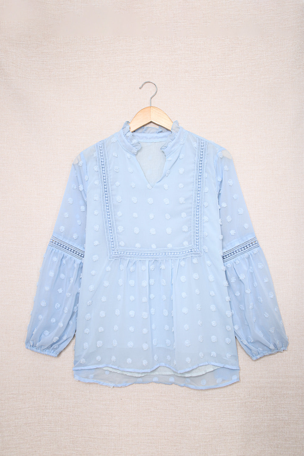 Blue Ruffled Split Neck Lace Hollow Out Puff Sleeve Polka Dot Blouse | Sky Blue