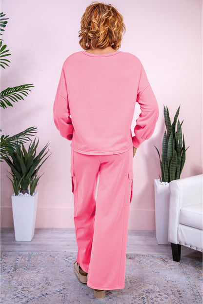 Solid Colour Patchwork Pullover Top And Cargo Pants Set | Sachet Pink