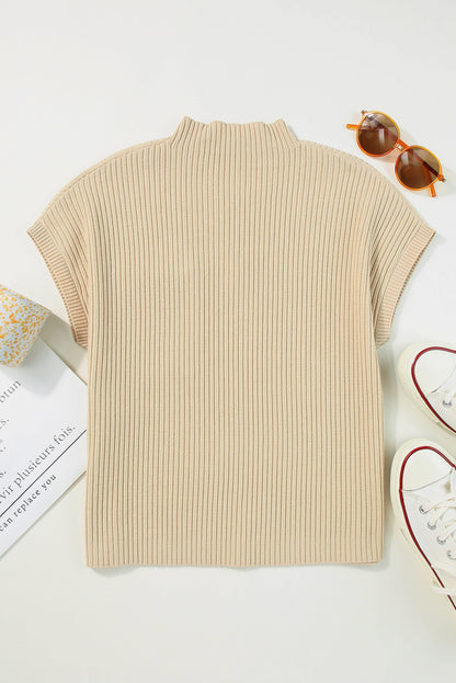 Patch Pocket Ribbed Knit Short Sleeve Sweater | Oatmeal