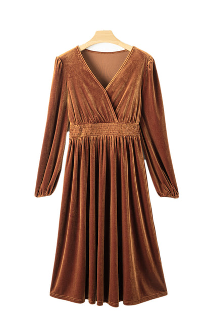 Wrap V Neck Smocked High Waist Velvet Midi Dress | Camel