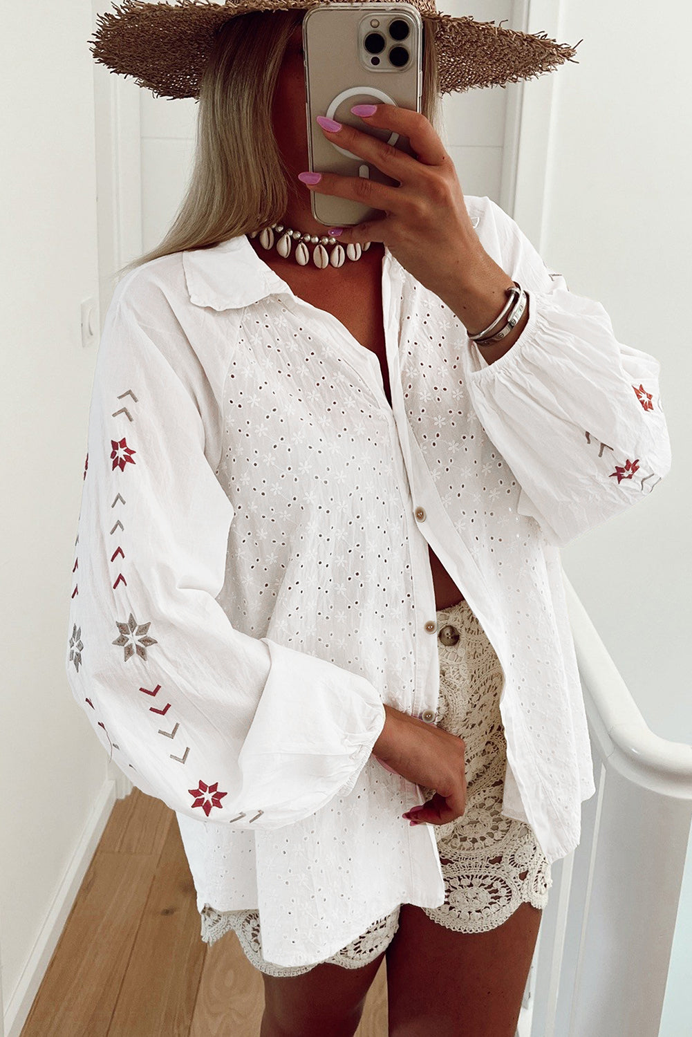 Floral Embroidered Puff Sleeve Eyelet Patchwork Shirt | White