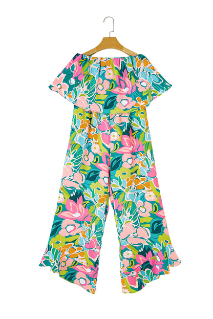 Mix Tropical Print Strapless Ruffled Jumpsuit | Green