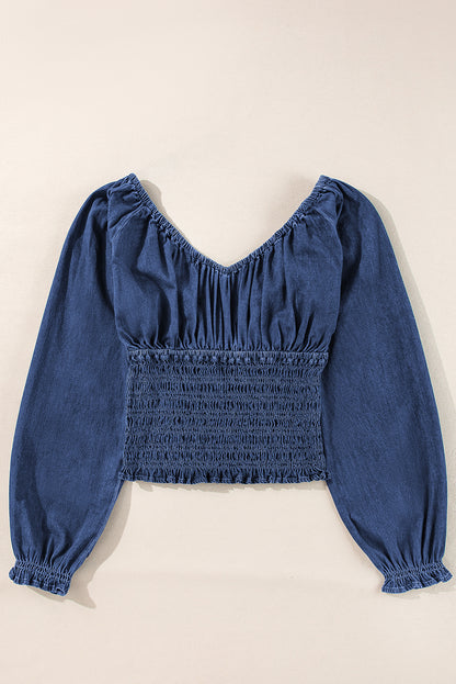 Smocked Ruffled Puff Sleeve V Neck Denim Blouse | Dark Blue