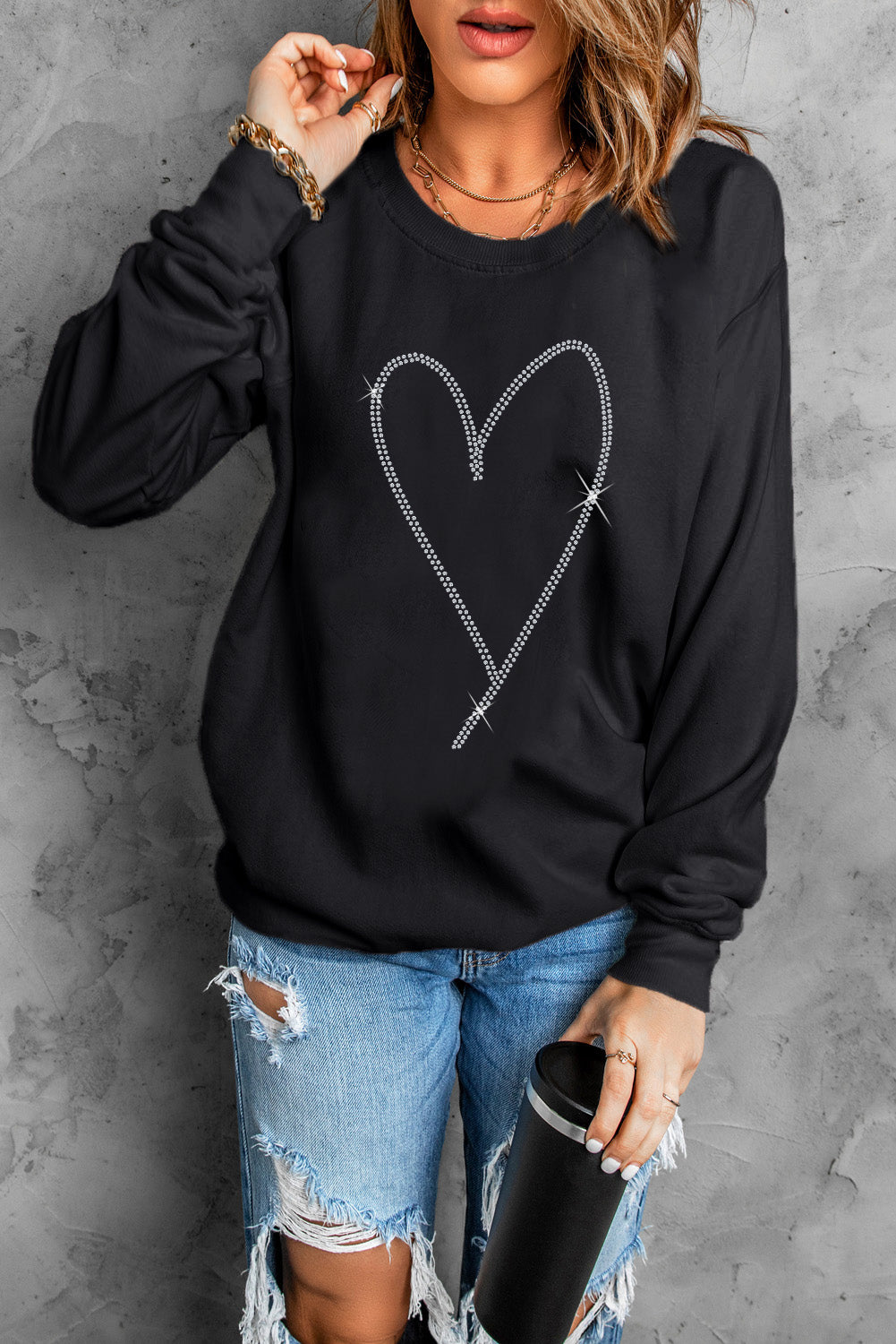 Rhinestone Heart Pattern Valentines Fashion Sweatshirt | Black