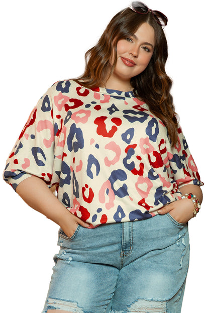 Colourful Leopard Print Batwing Sleeve Plus Blouse | White