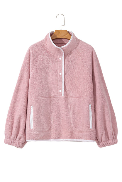 Stand Neck Half Button Zip Pocket Plush Sweatshirt | Fushia