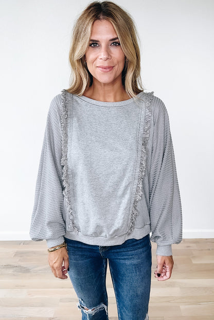 Waffle Patchwork Long Sleeve Raw Hem Pullover Top | Light Grey