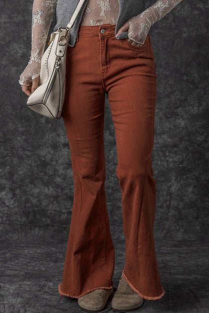 High Waist Raw Hem Flare Jeans | Red