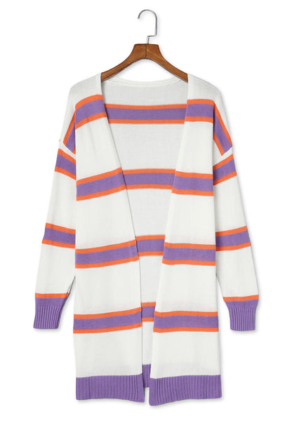 Striped Long Sleeve Ribbed Trim Button Cardigan | Beige