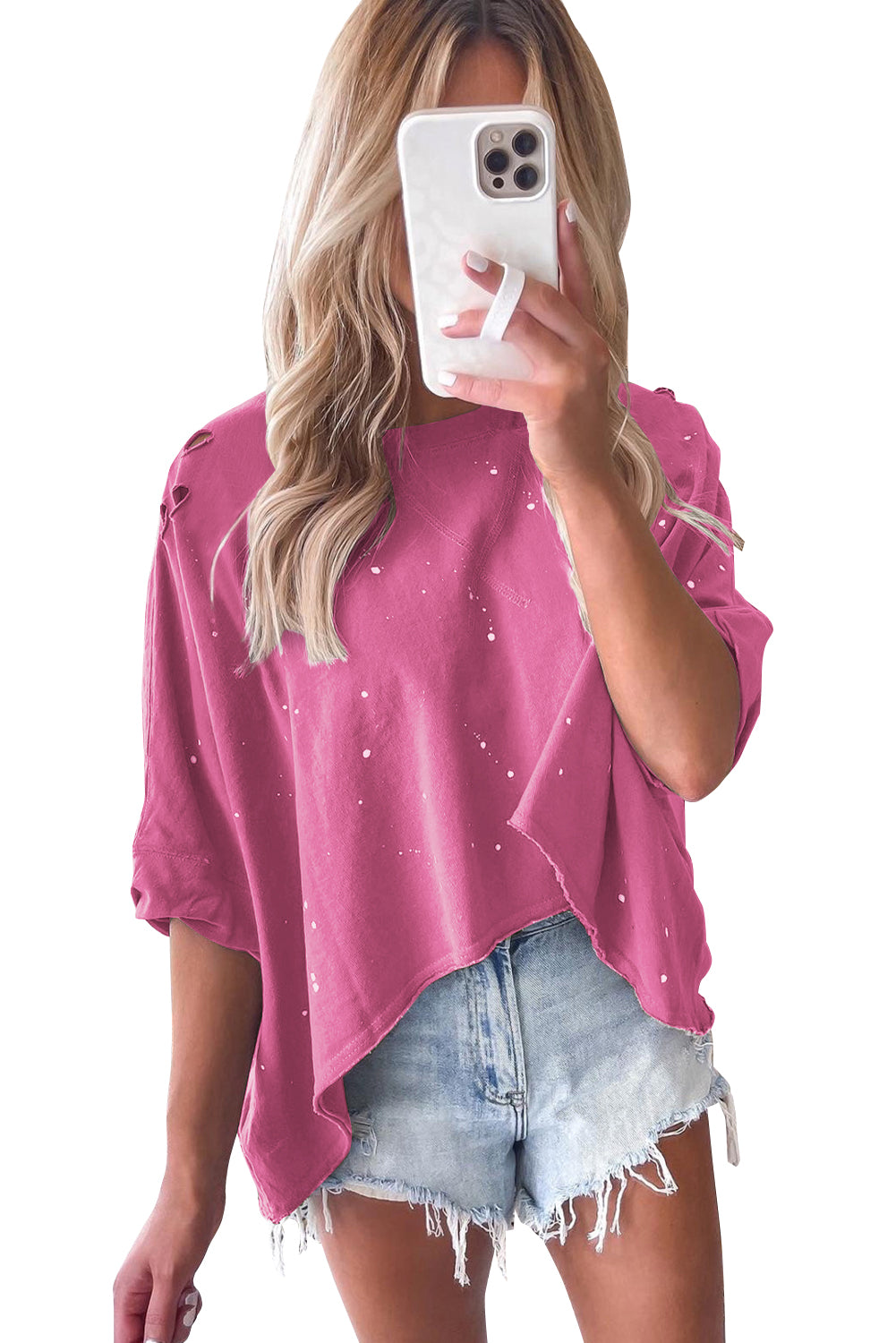 Distressed Bleached Asymmetric Hem Short Sleeve Top | Pink