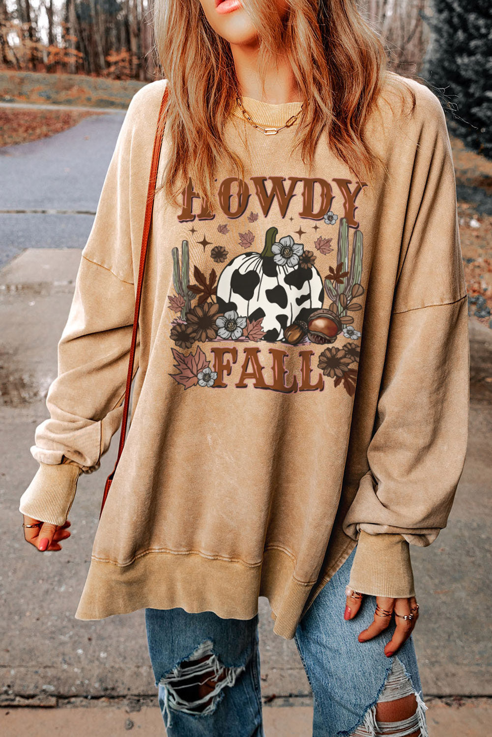 Howdy Fall Pumpkin Print Split Hem Sweatshirt | Khaki