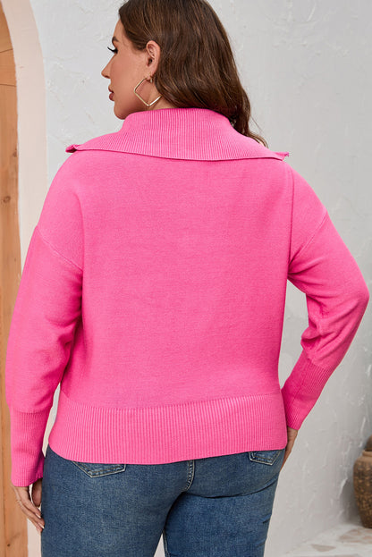 Solid Ribbed Trim Plus Size Zip Collar Sweater | Rose