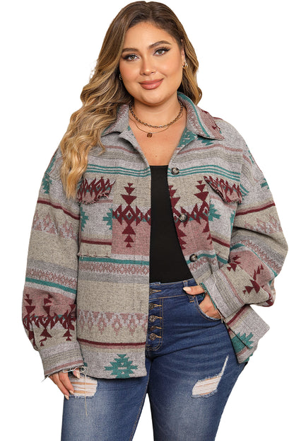 Plus Size Western Aztec Print Button Up Jacket | Multicolour