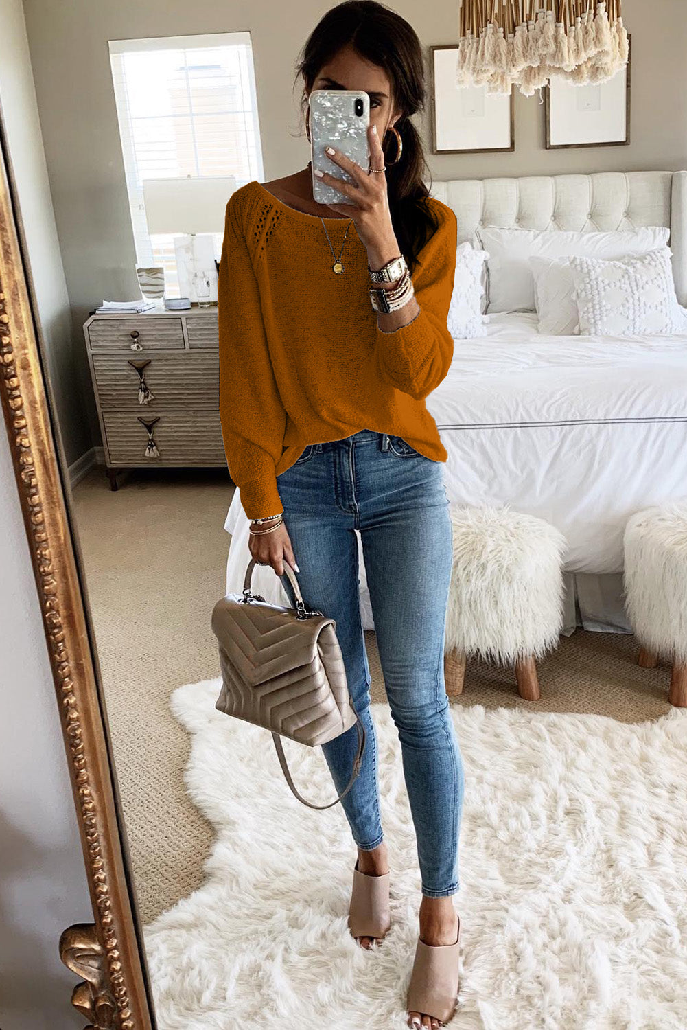 Long Sleeve Cutout Shoulder Relaxed Sweater | Brown