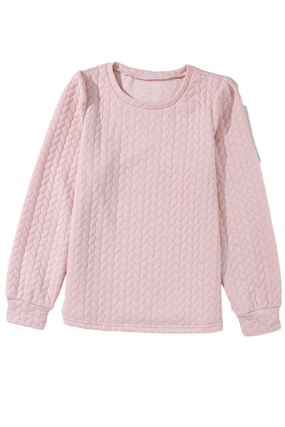 Cable Textured Puff Sleeve Sweatshirt | Light Pink