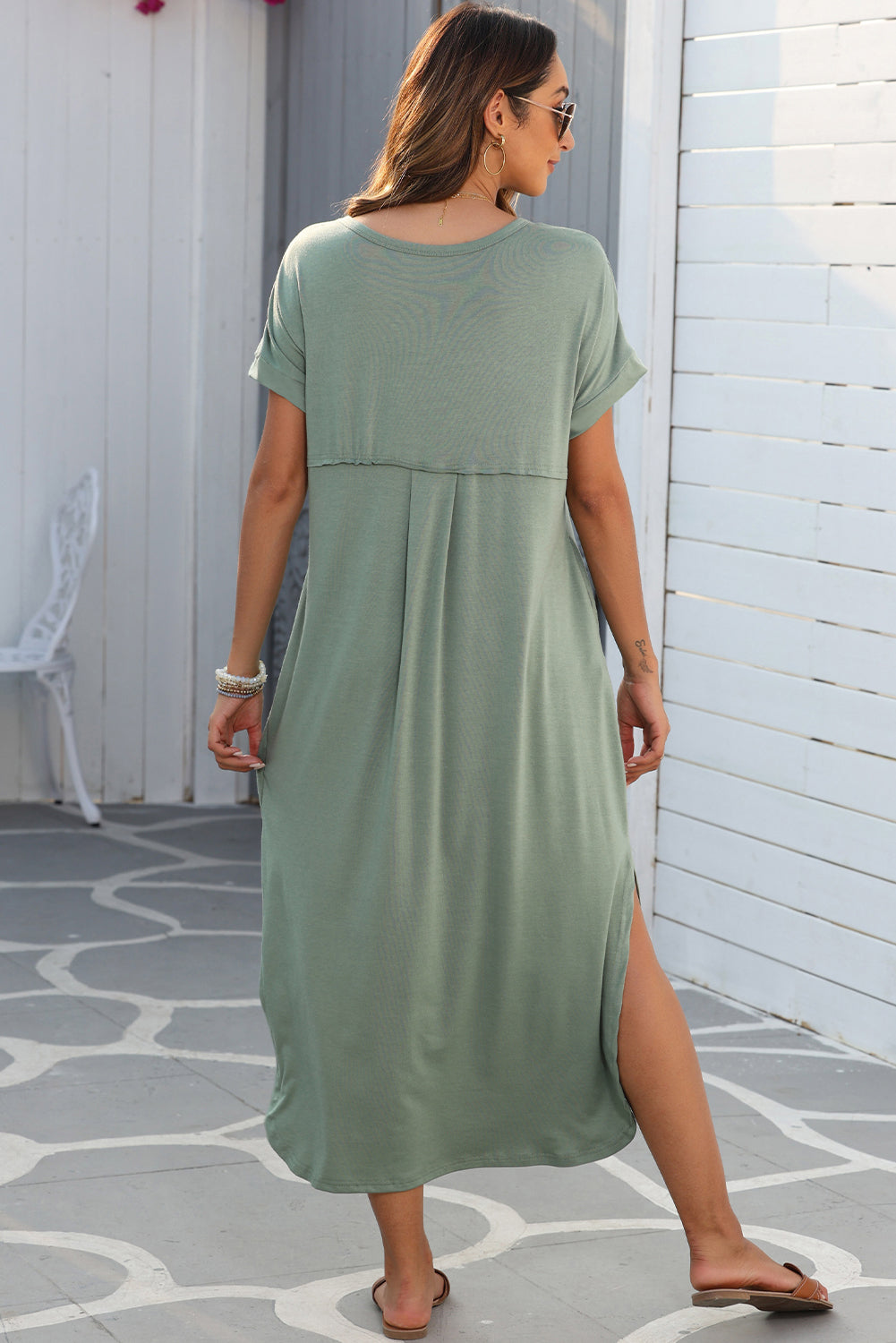 V Neck Hidden Pocket Splits Maxi T-Shirt Dress | Grass Green