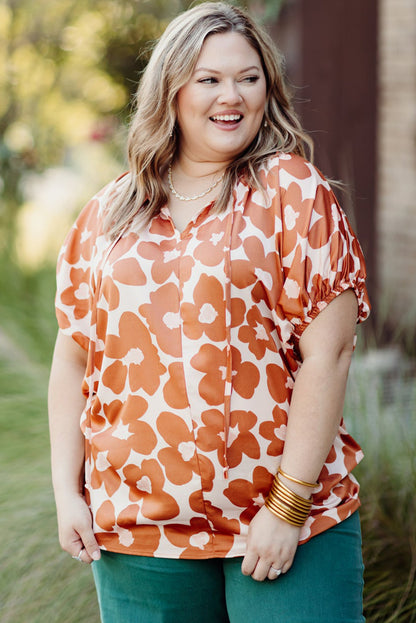 Plus Size Floral Print Drawstring V Neck Short Sleeve Blouse | Orange