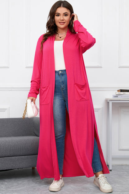 Plus Size Side Split Pockets Duster Cardigan | Strawberry Pink