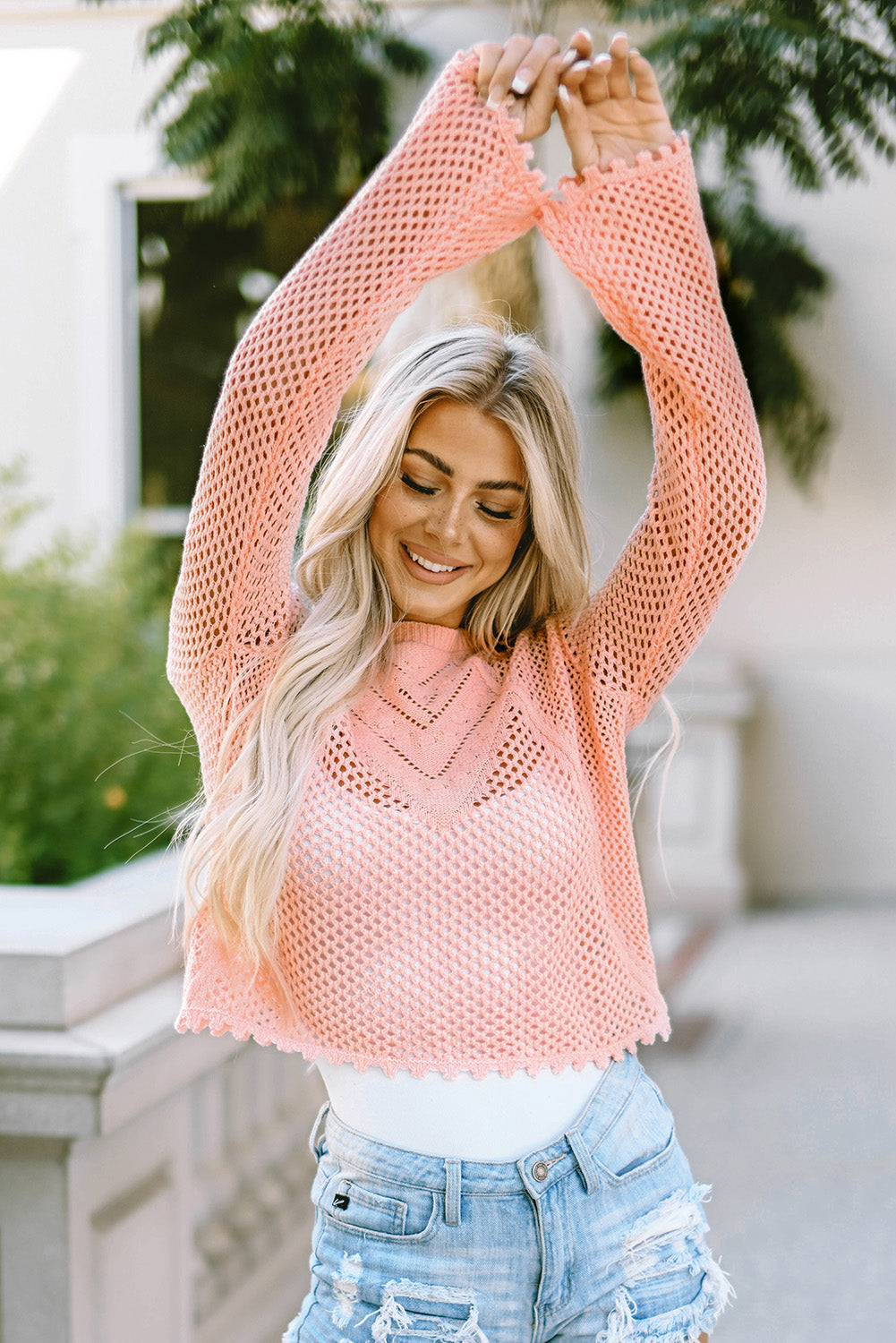 Hollowed Eyelets Knit Bell Sleeve Sweater | Pink