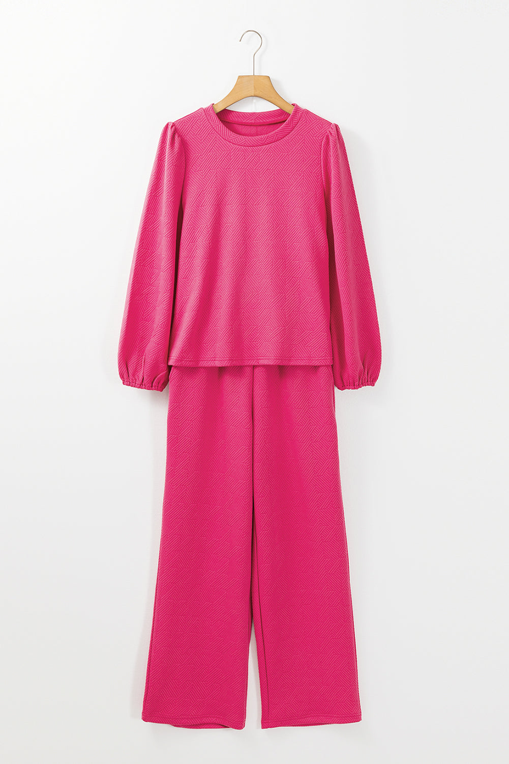 Textured Puff Sleeve Top And Pants Set | Rose Red