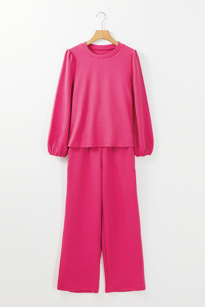 Textured Puff Sleeve Top And Pants Set | Rose Red