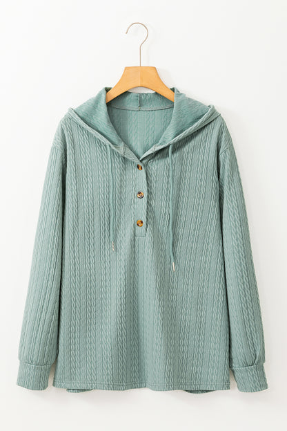 Button Front Textured Drawstring Hooded Long Sleeve Top | Mint Green