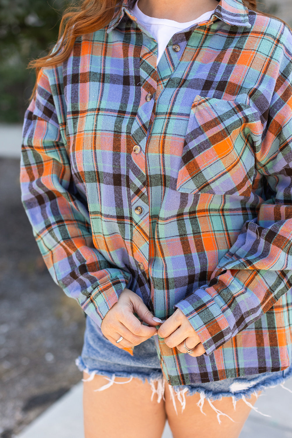 Plus Size Plaid Print Buttoned Shirt | Orange