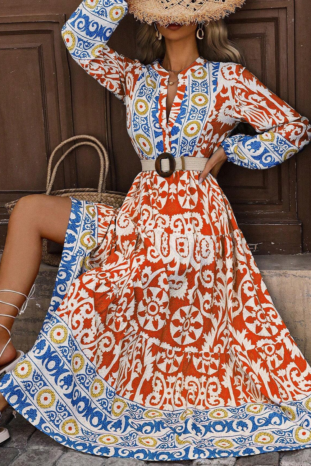 Boho Geometric Printed Long Sleeve Maxi Dress | Orange