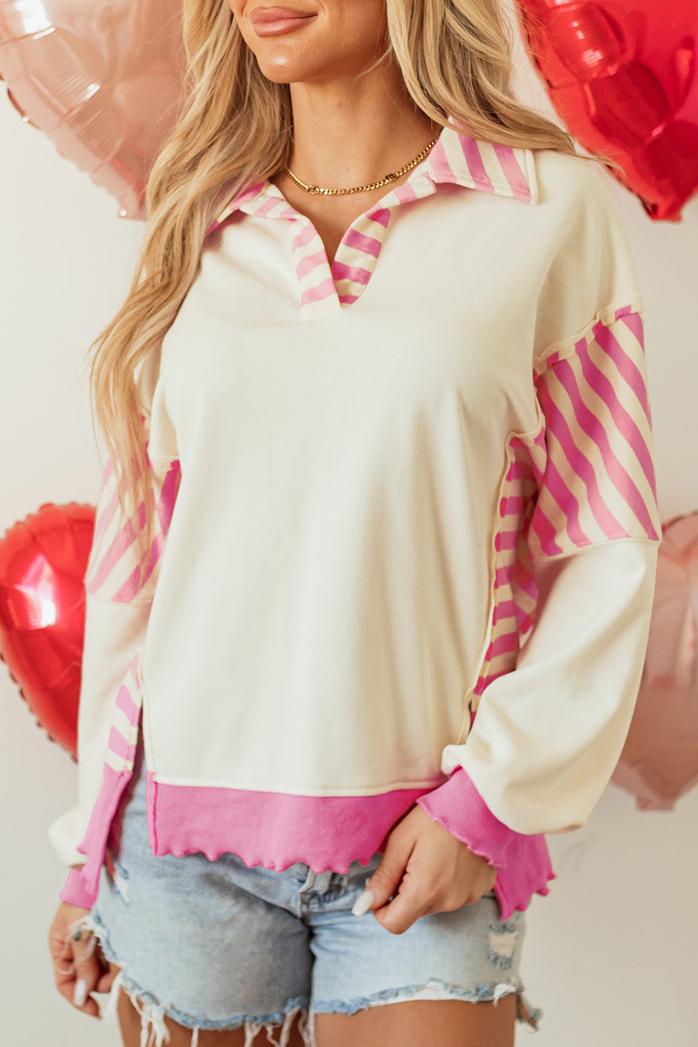 Colourblock Patchwork Collared French Terry Knit Top | Pink Stripe